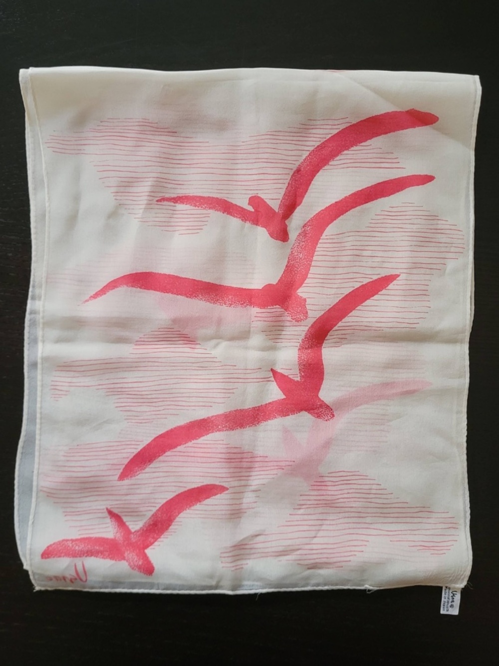 Vera Neumann Silk Blend Scarf: Pink Birds Clouds, Rectangle, Made in Japan